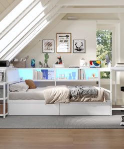 Twin Size Corner Bed Frame With Bookcase And Underbed Storage Drawers