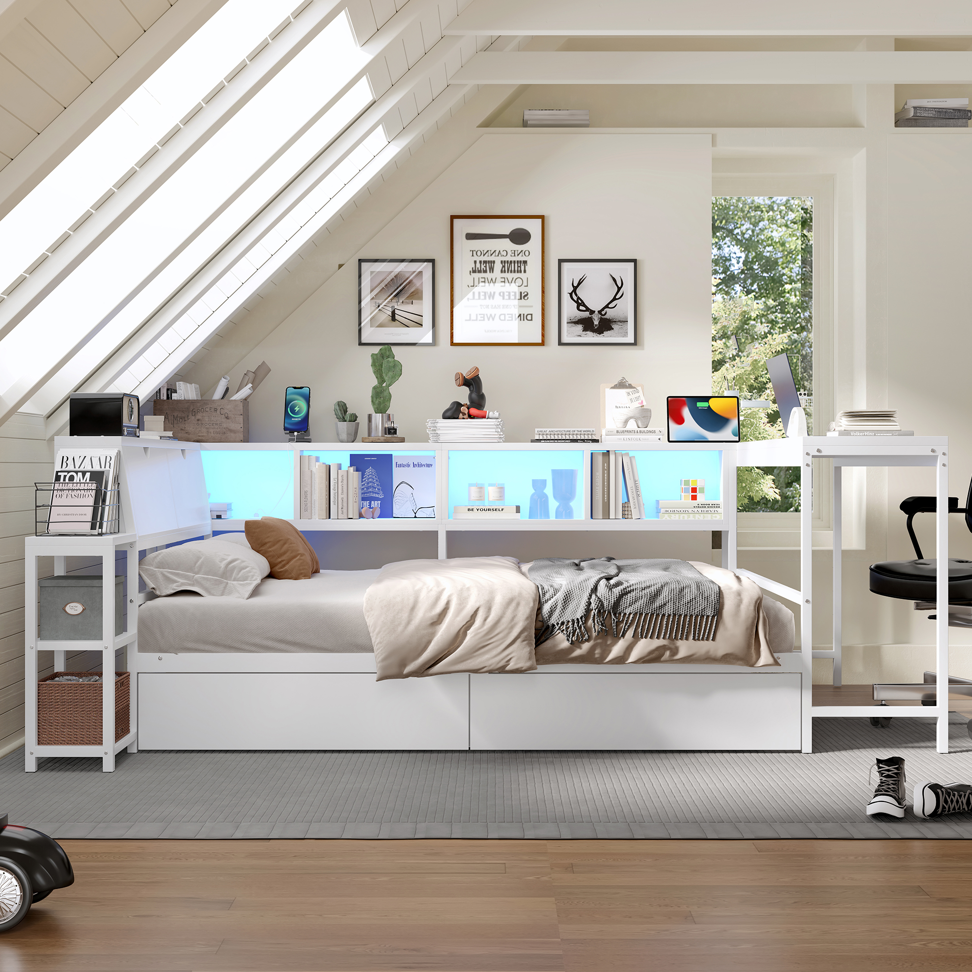 Twin Size Corner Bed Frame With Bookcase And Underbed Storage Drawers