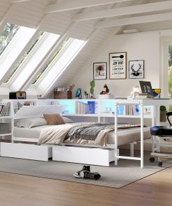 Twin Size Corner Bed Frame With Bookcase And Underbed Storage Drawers
