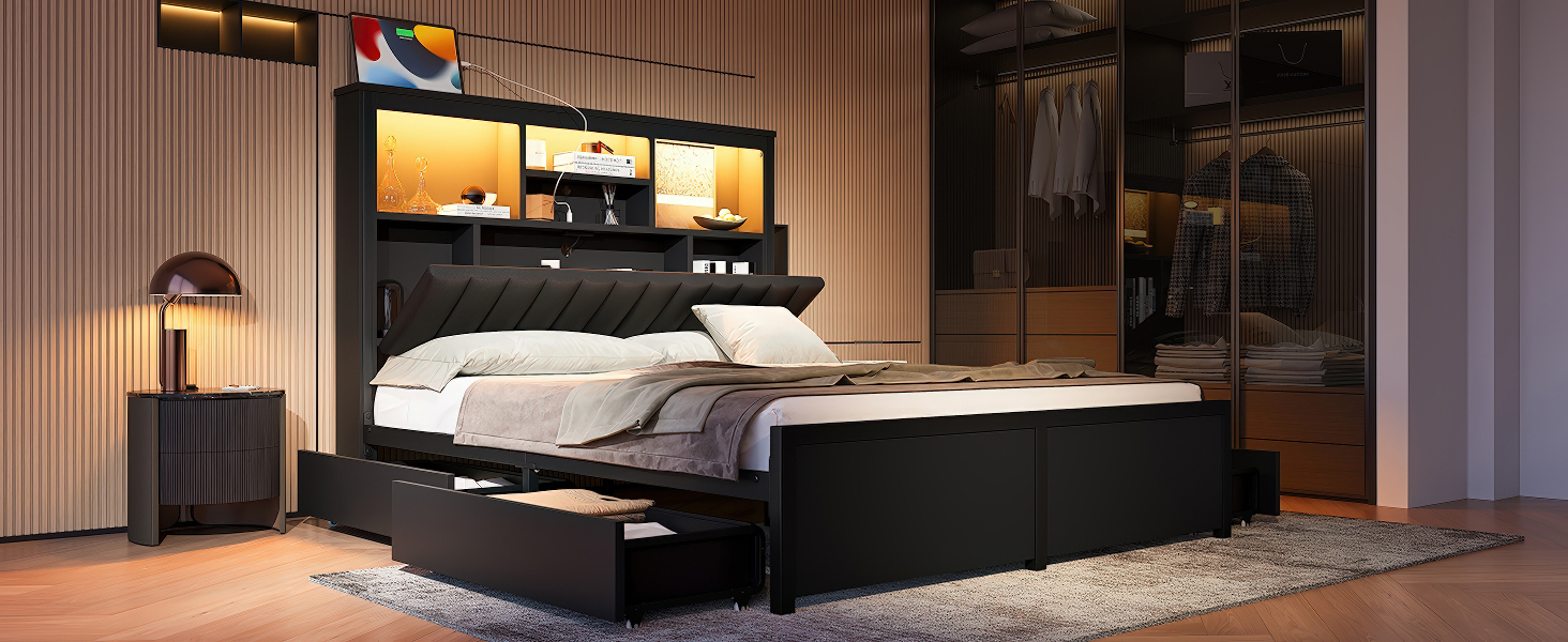 Queen Bed Frame with High Storage Headboard