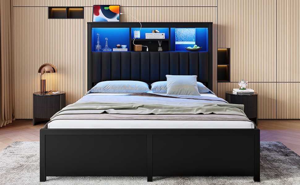 Queen Bed Frame with High Storage Headboard