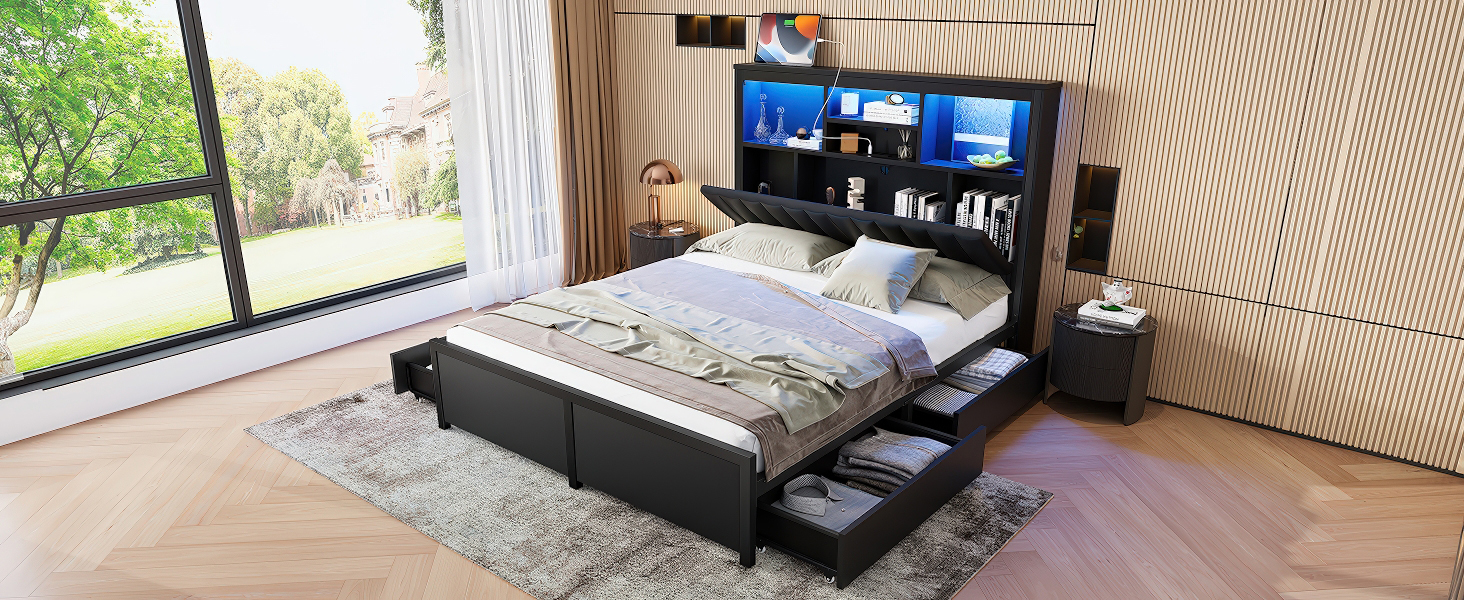 Queen Bed Frame with High Storage Headboard