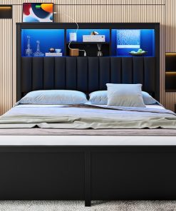 Queen Bed Frame with High Storage Headboard