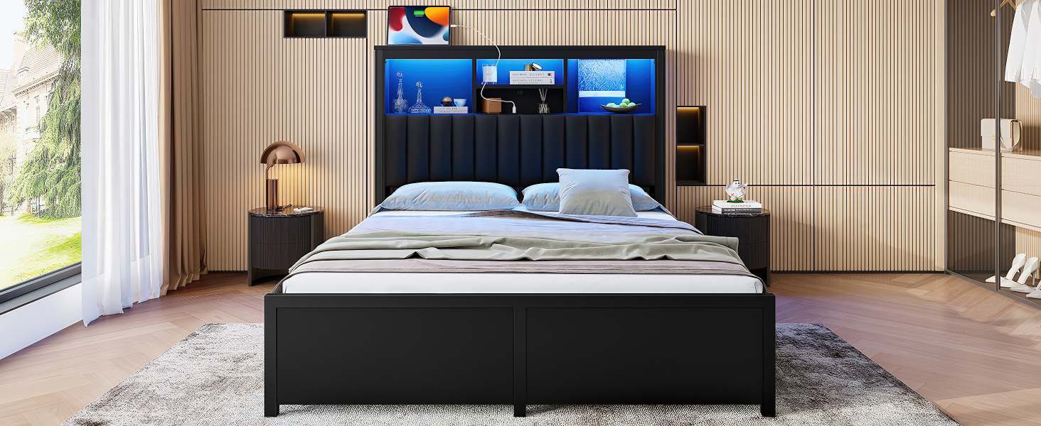 Queen Bed Frame with High Storage Headboard