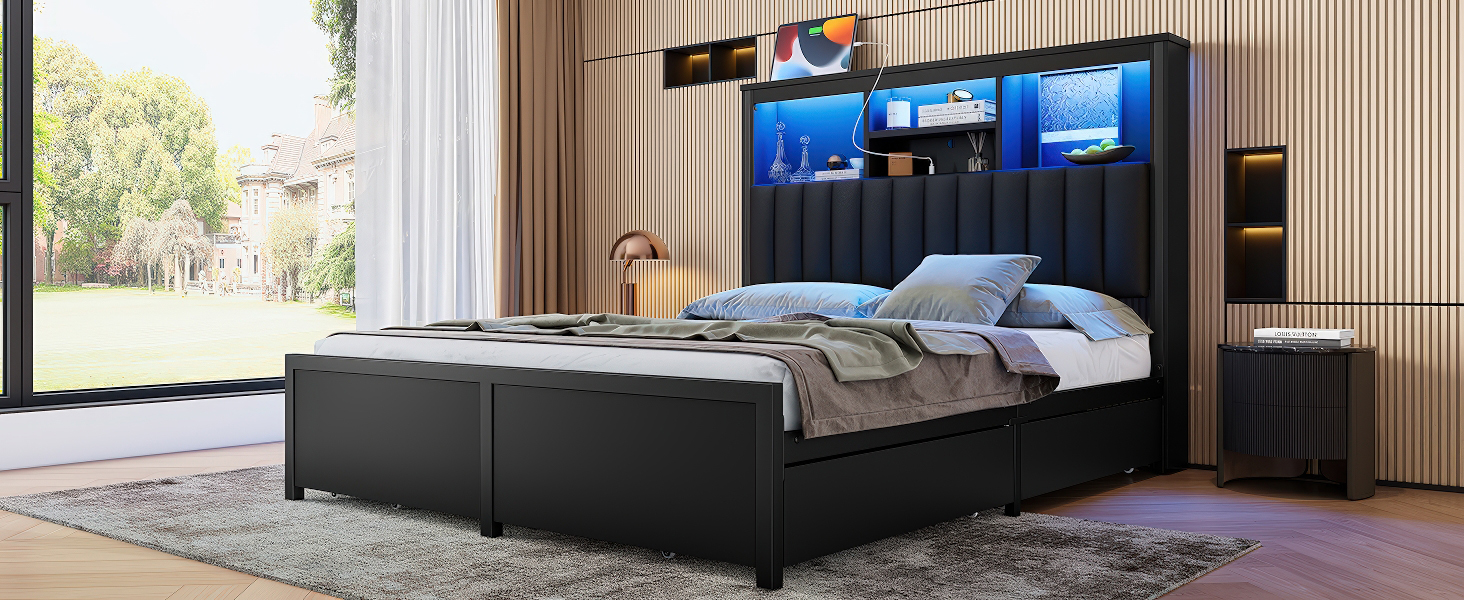 Queen Bed Frame with High Storage Headboard