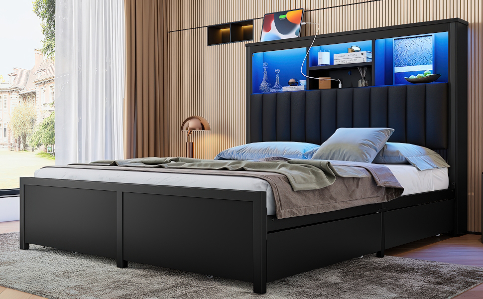 Queen Bed Frame with High Storage Headboard