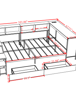Queen Size Corner Bed Frame With Bookcase And 2 Underbed Storage Drawers