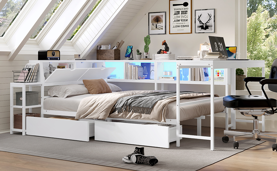 Twin Size Corner Bed Frame With Bookcase And Underbed Storage Drawers