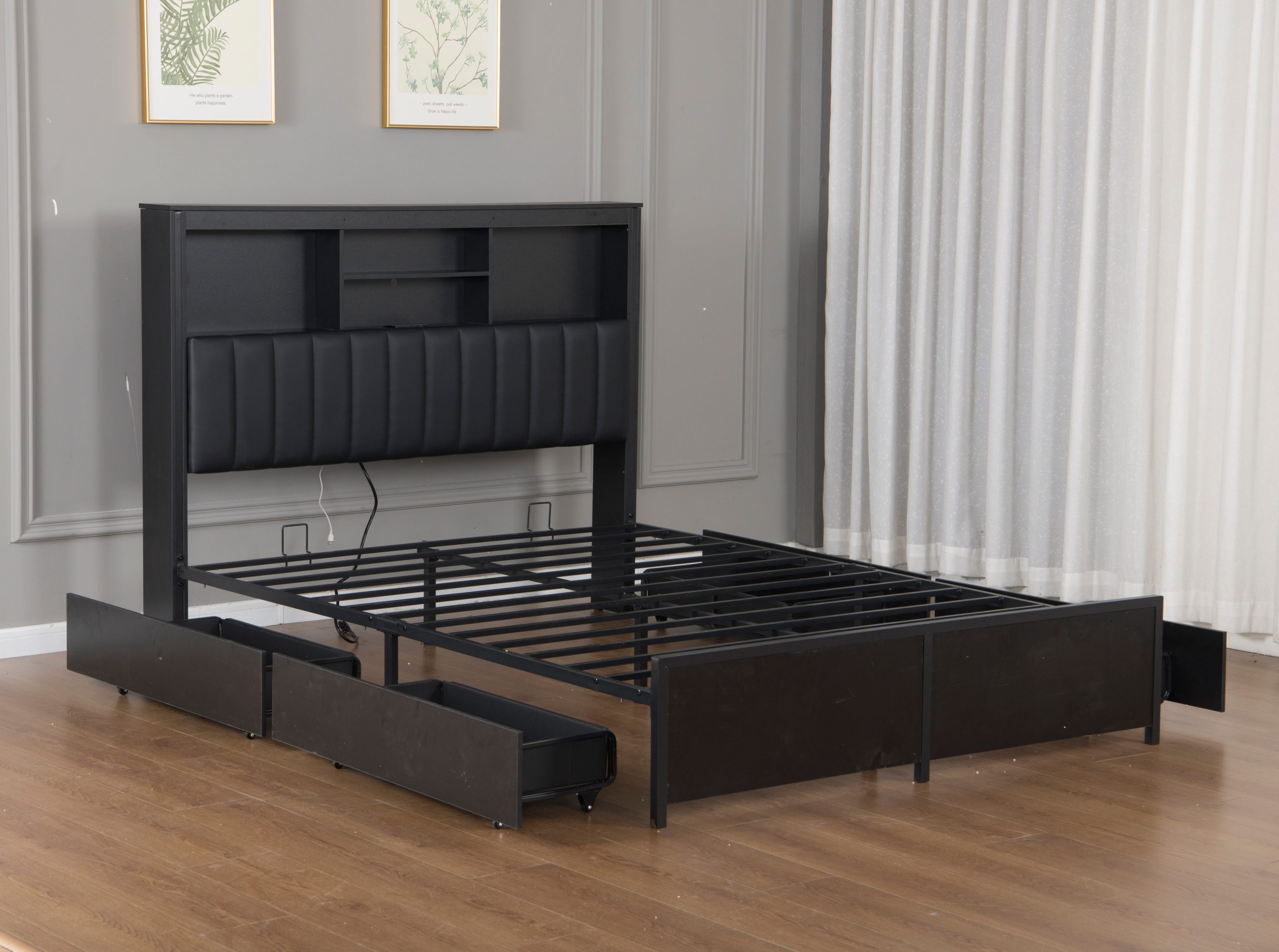 Queen Bed Frame with High Storage Headboard