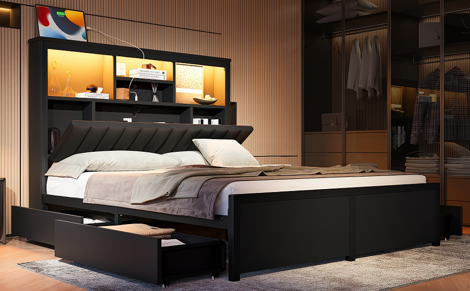 Queen Bed Frame with High Storage Headboard