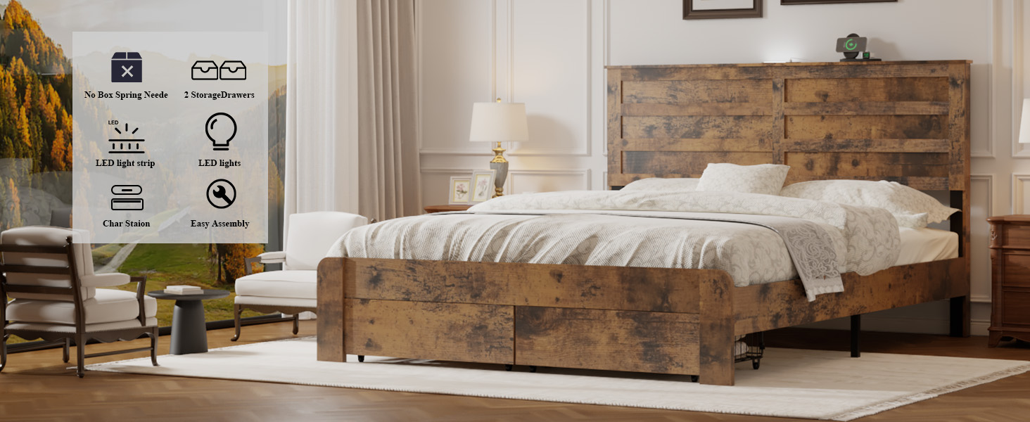 Full-Size Bed Frame With 2 Storage Drawers And 2 USB Ports