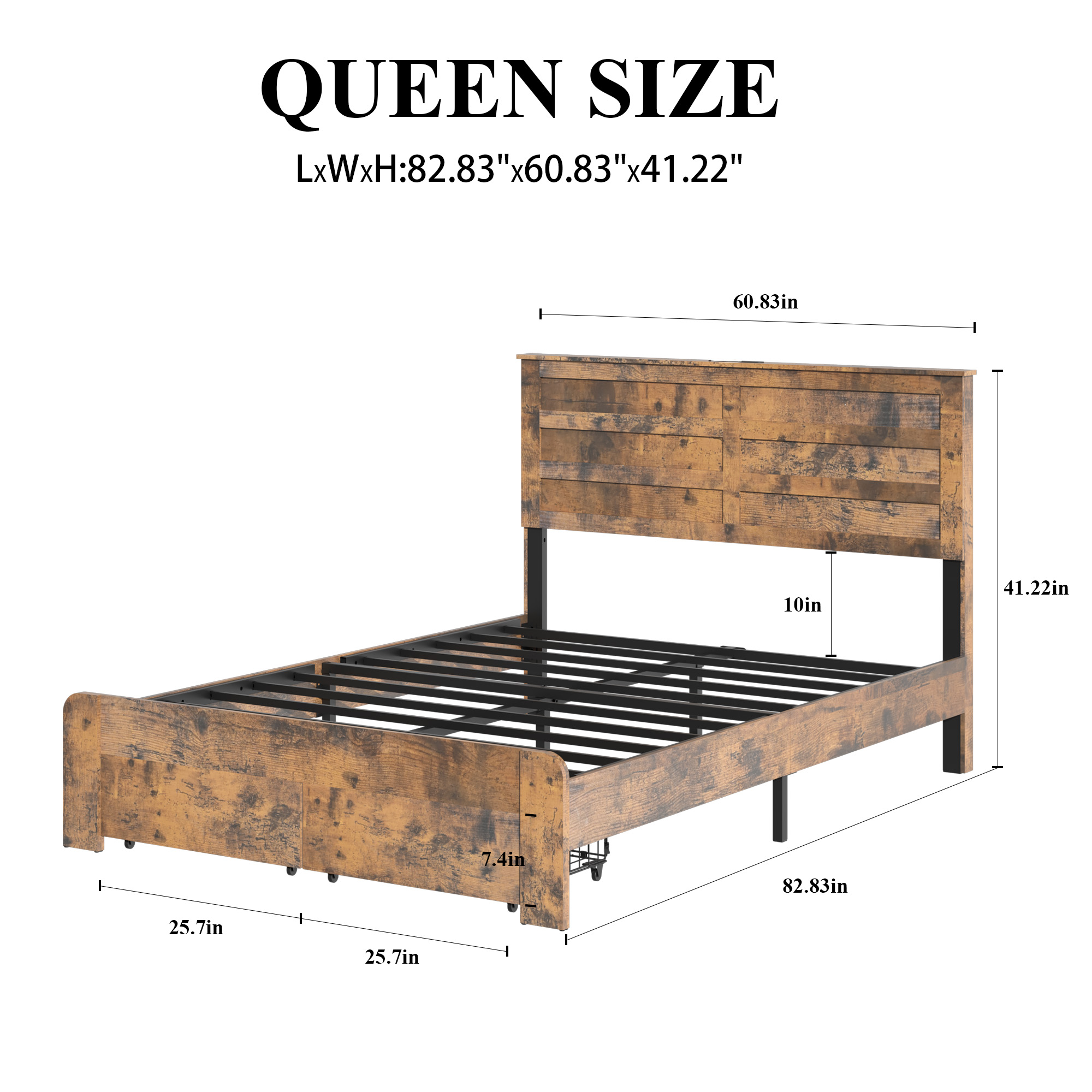 Queen-Size Bed Frame With 2 Storage Drawers And 2 USB Ports