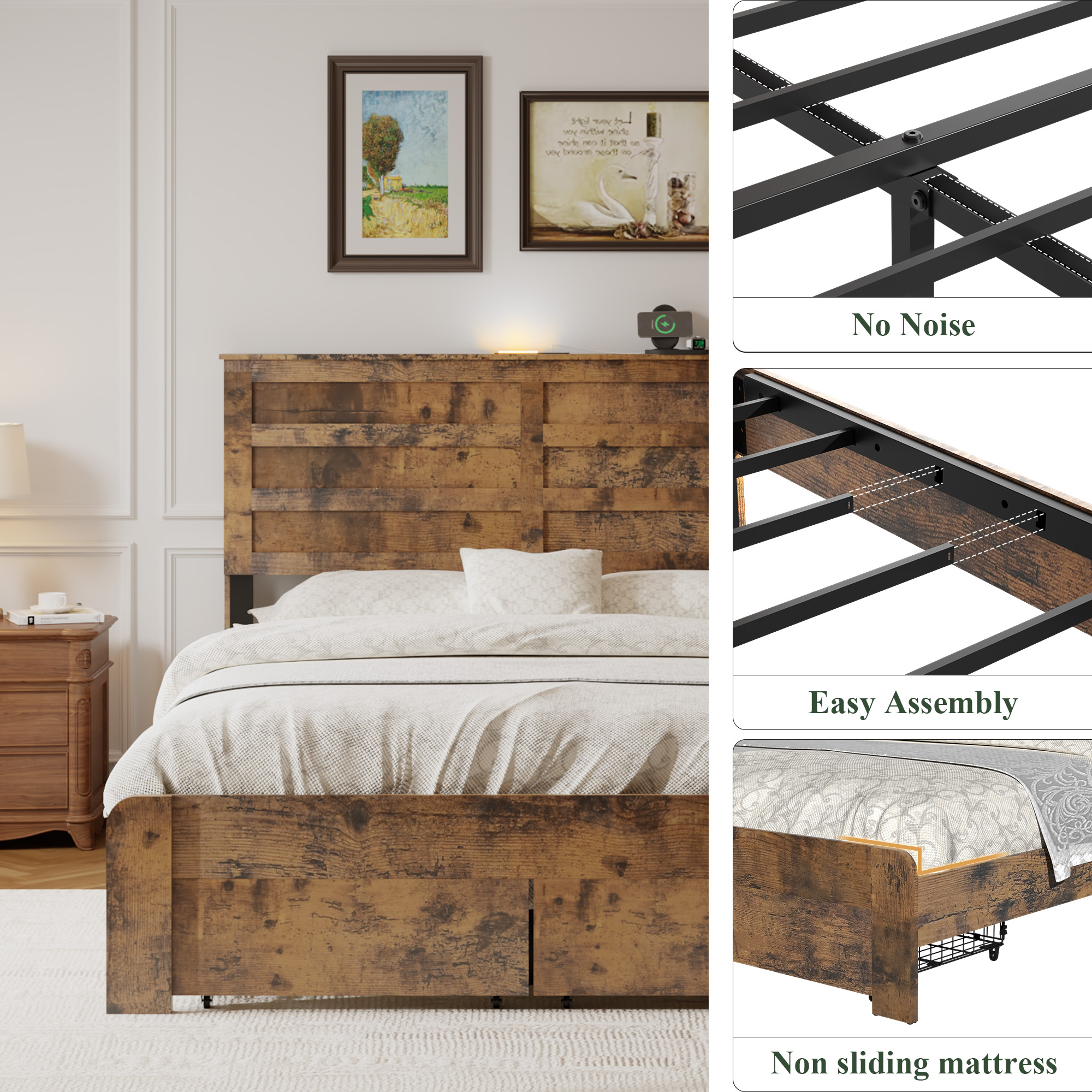 Queen-Size Bed Frame With 2 Storage Drawers And 2 USB Ports