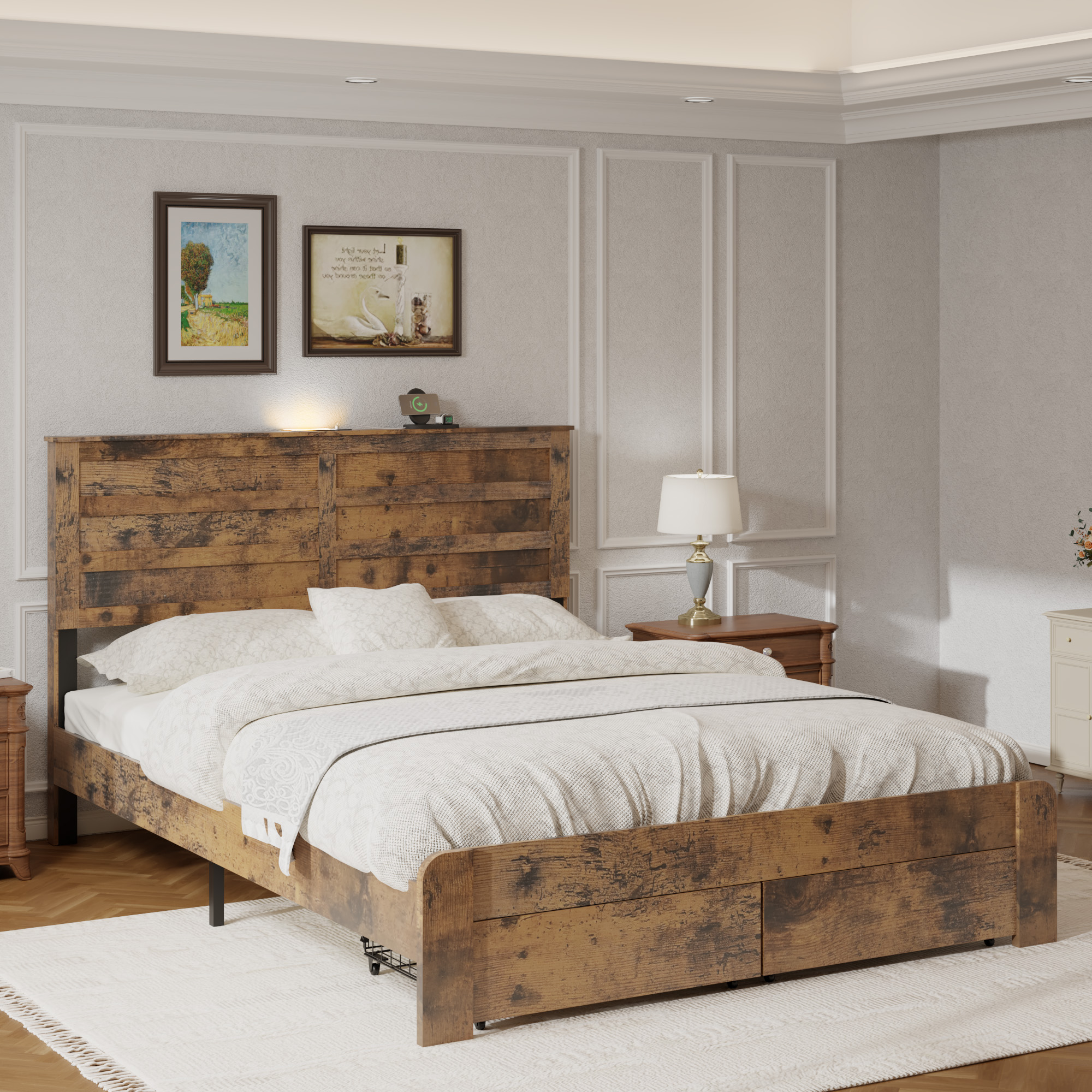 Queen-Size Bed Frame With 2 Storage Drawers And 2 USB Ports