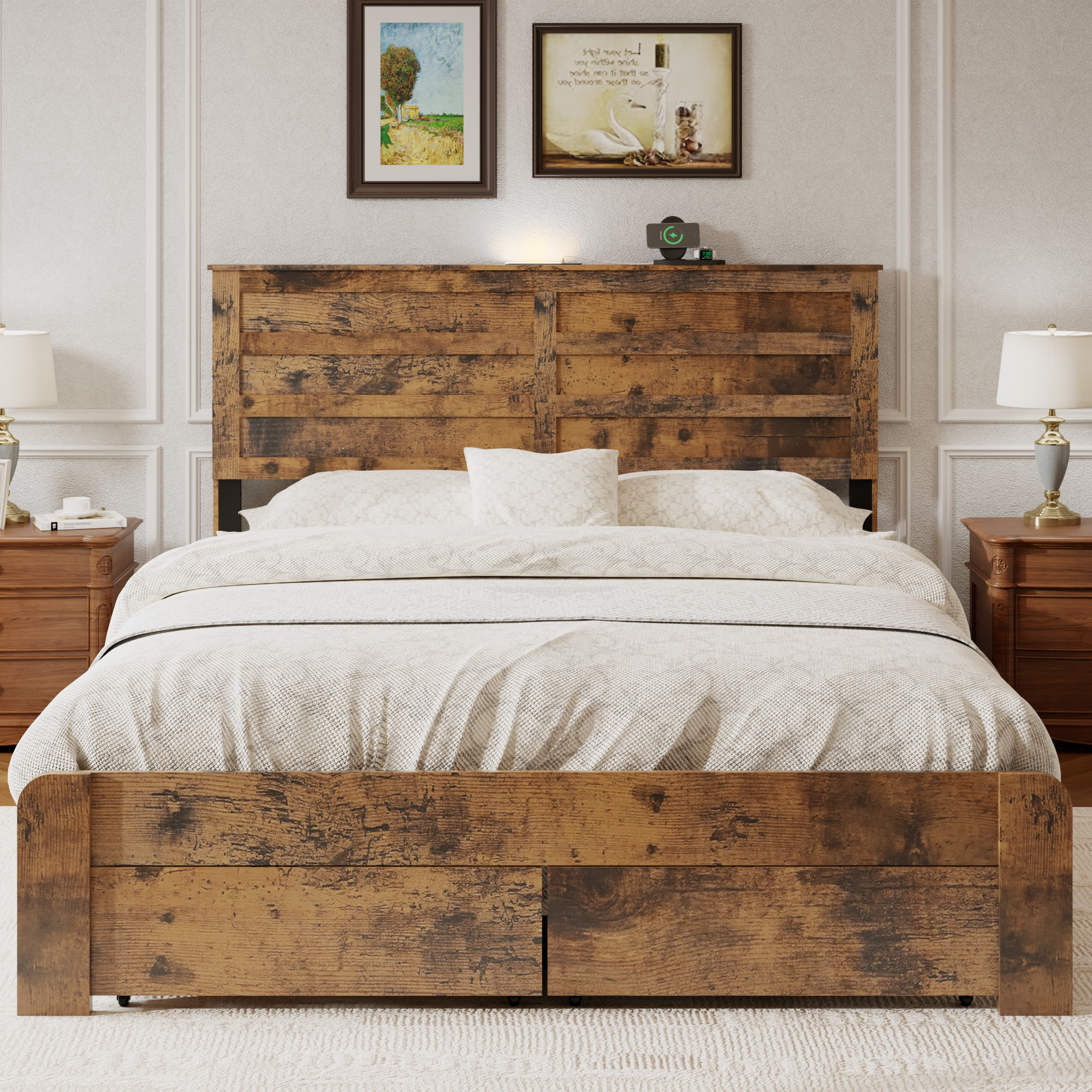 Queen-Size Bed Frame With 2 Storage Drawers And 2 USB Ports