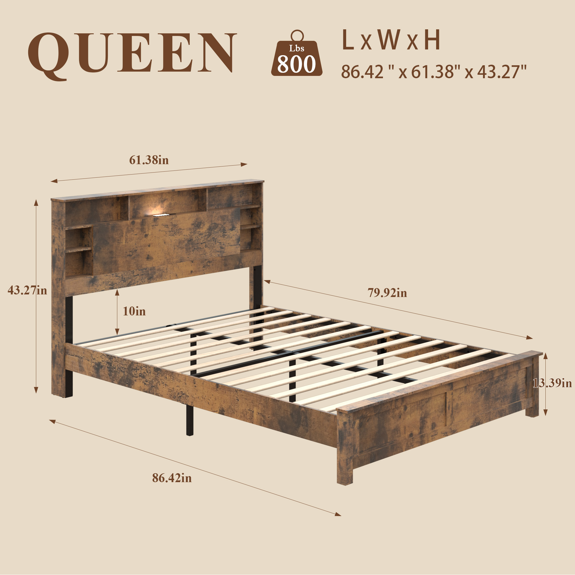 Wood Queen Bed Frame with Storage Headboard