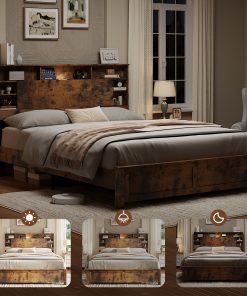 Wood Full Bed Frame with Storage Headboard