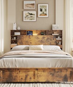 Wood Queen Bed Frame with Storage Headboard