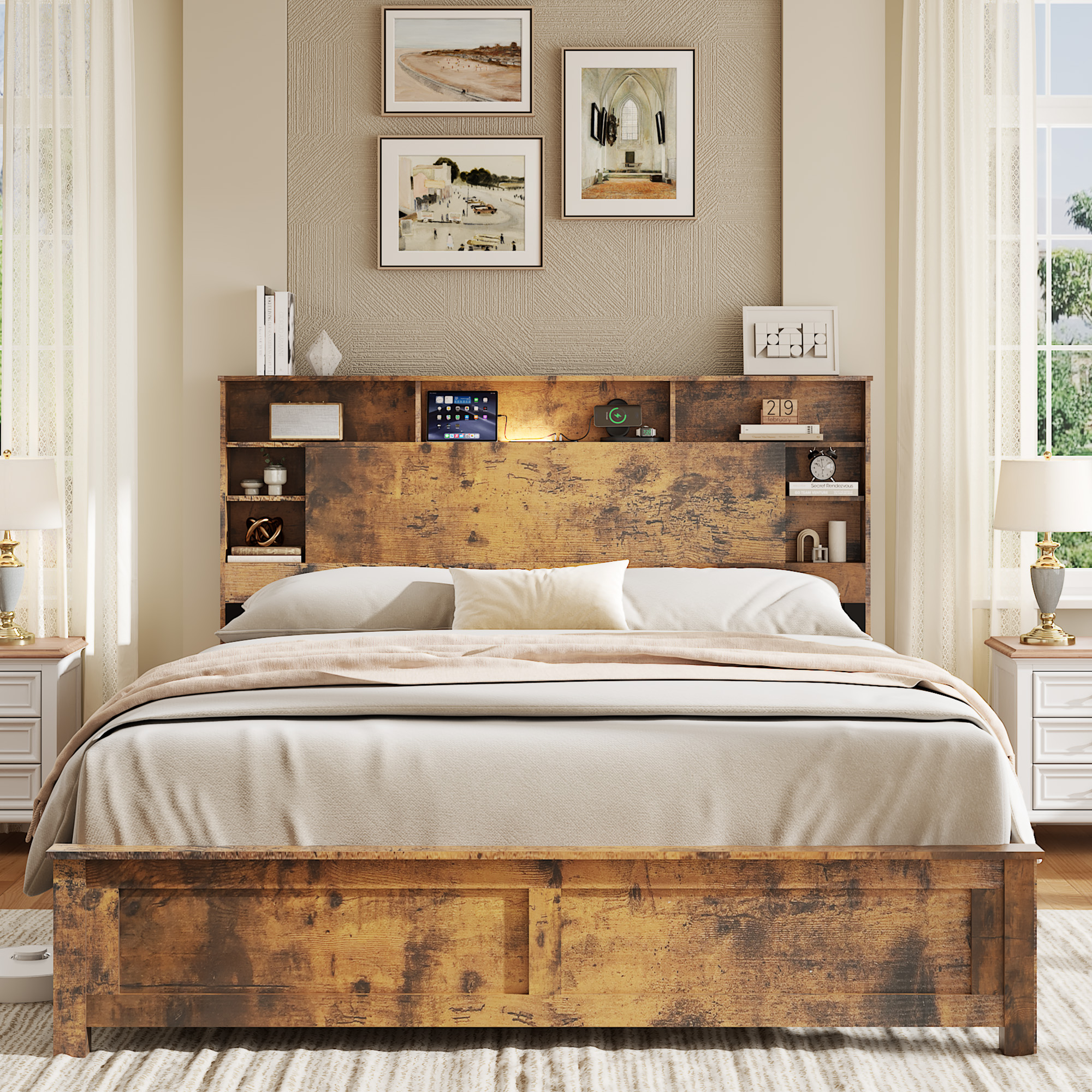 Wood Queen Bed Frame with Storage Headboard