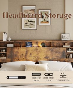 Wood King Bed Frame with Storage Headboard