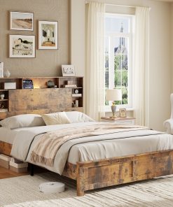 Wood Full Bed Frame with Storage Headboard