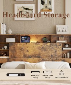 Wood Full Bed Frame with Storage Headboard