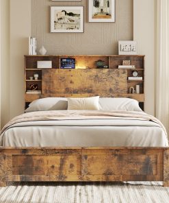 Wood Full Bed Frame with Storage Headboard