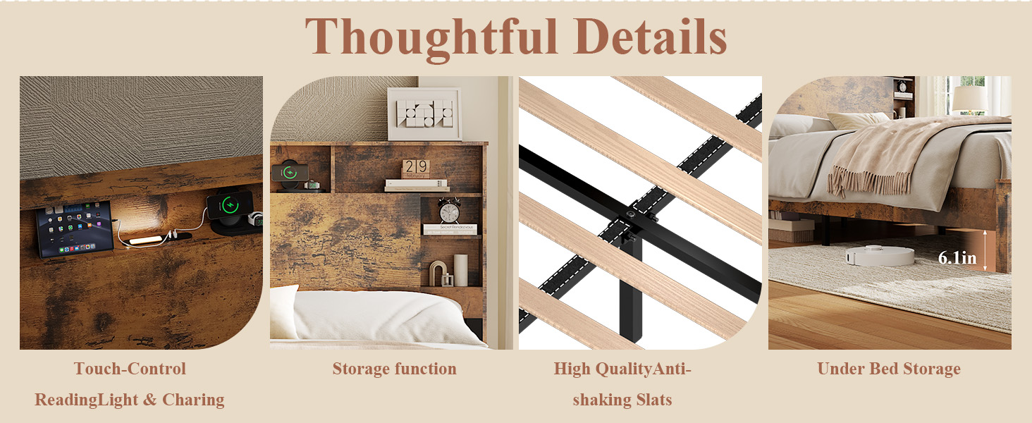 Wood Full Bed Frame with Storage Headboard
