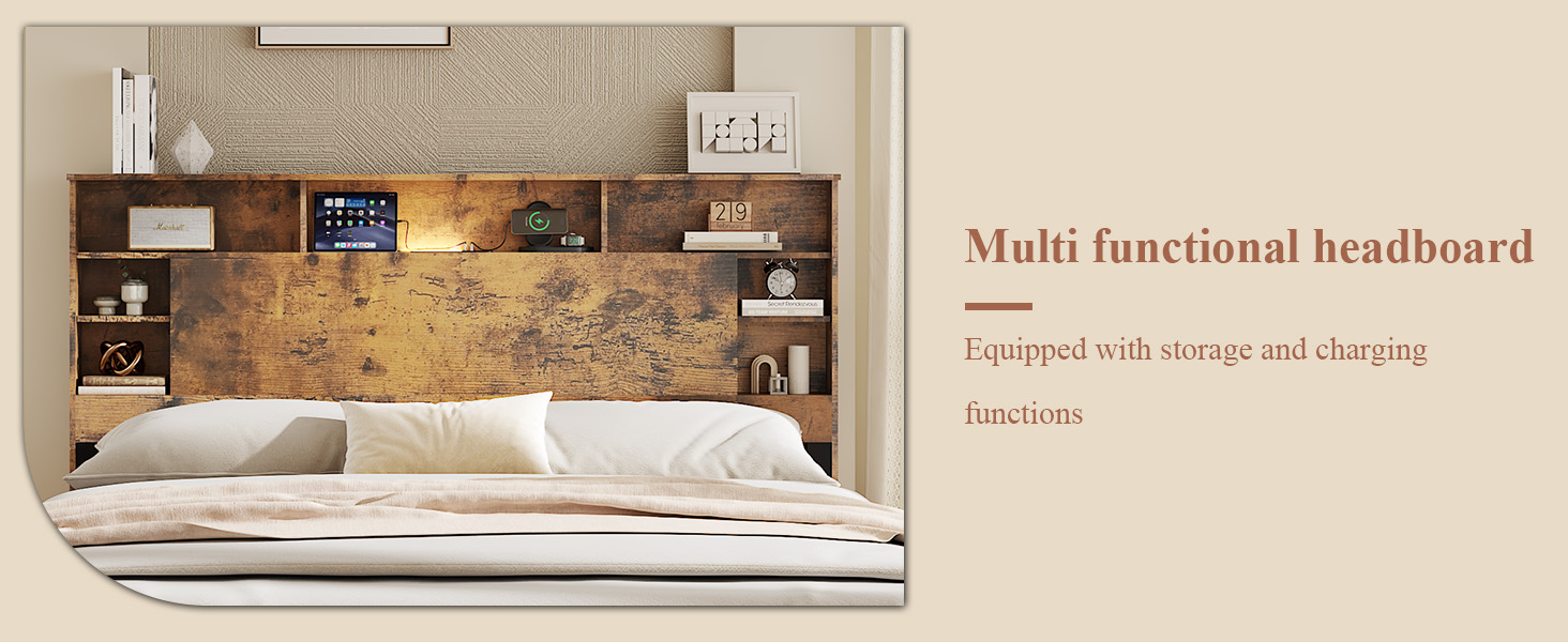 Wood Full Bed Frame with Storage Headboard