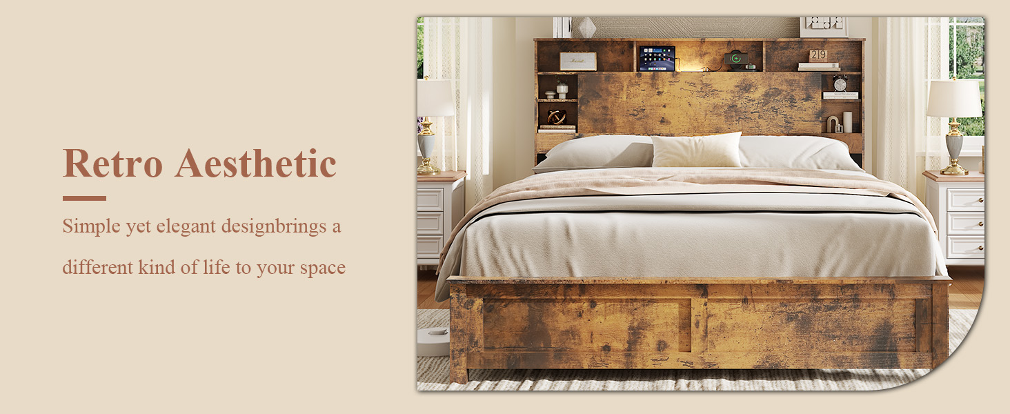 Wood Full Bed Frame with Storage Headboard