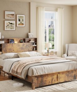 Wood Queen Bed Frame with Storage Headboard