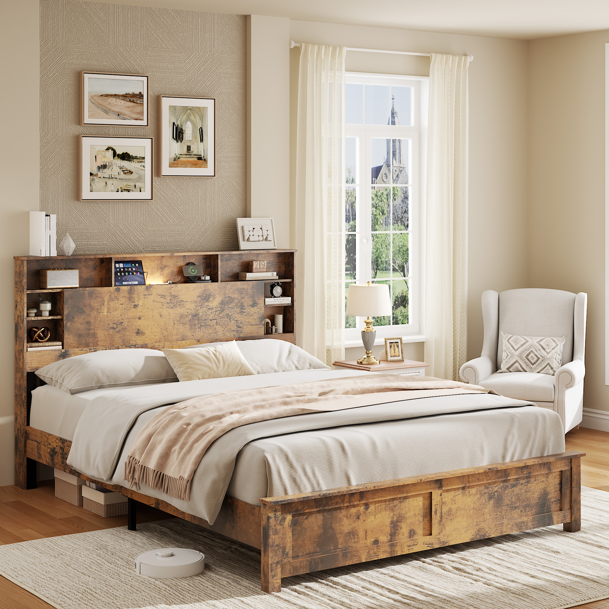 Wood Queen Bed Frame with Storage Headboard