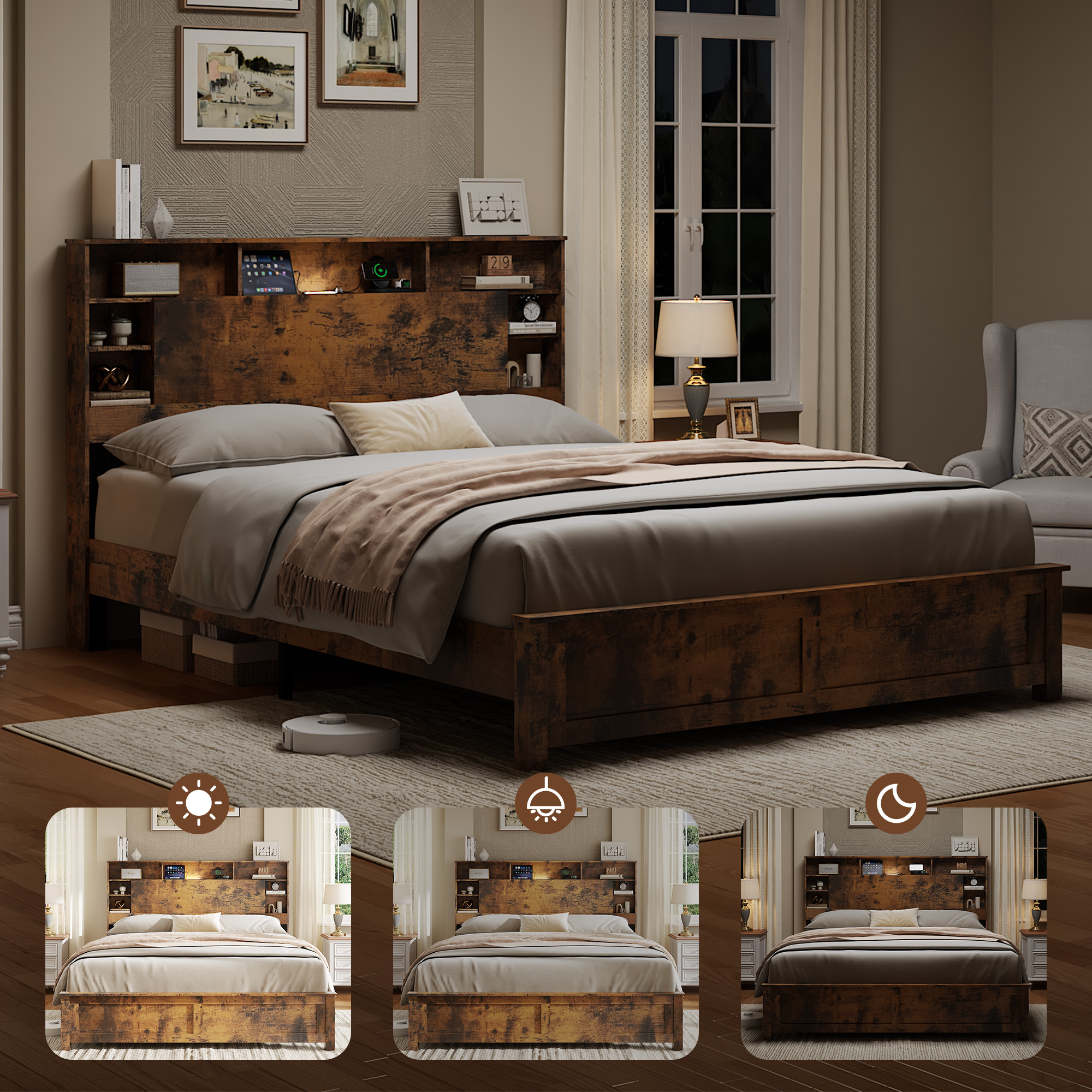 Wood Queen Bed Frame with Storage Headboard