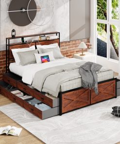 Queen Bed Frame with Storage Headboard and 12 Drawers LED Lights