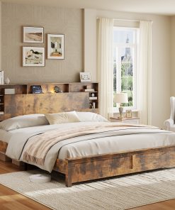 Wood King Bed Frame with Storage Headboard