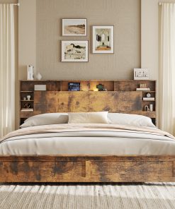 Wood King Bed Frame with Storage Headboard