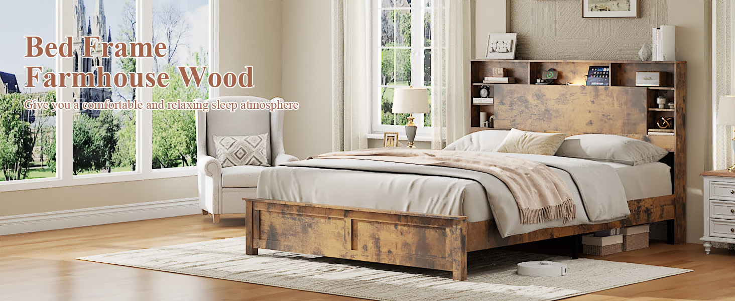 Wood Full Bed Frame with Storage Headboard