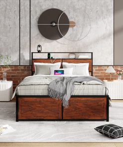 Queen Bed Frame with Storage Headboard and 12 Drawers LED Lights