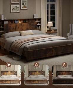 Wood King Bed Frame with Storage Headboard