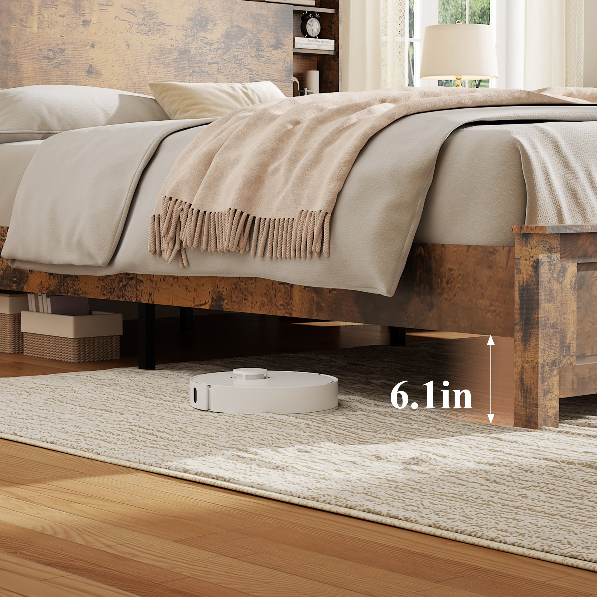 Wood Queen Bed Frame with Storage Headboard