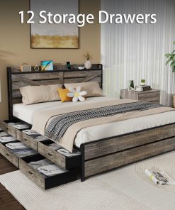 King Bed Frame With Storage Headboard And 12 Drawers