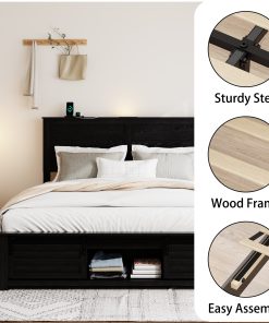 Queen Bed Frame with Upholstered Headboard and Wood Platform