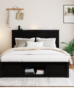 Queen Bed Frame with Upholstered Headboard and Wood Platform