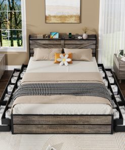 King Bed Frame With Storage Headboard And 12 Drawers