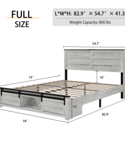 Full Bed Frame with Upholstered Headboard and Wood Platform