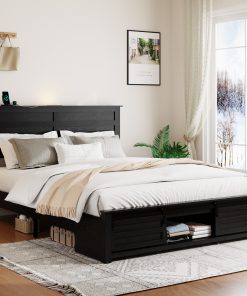 Queen Bed Frame with Upholstered Headboard and Wood Platform