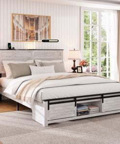 Queen Bed Frame with Upholstered Headboard and Wood Platform