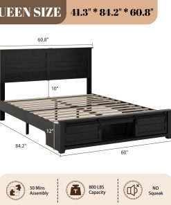 Queen Bed Frame with Upholstered Headboard and Wood Platform