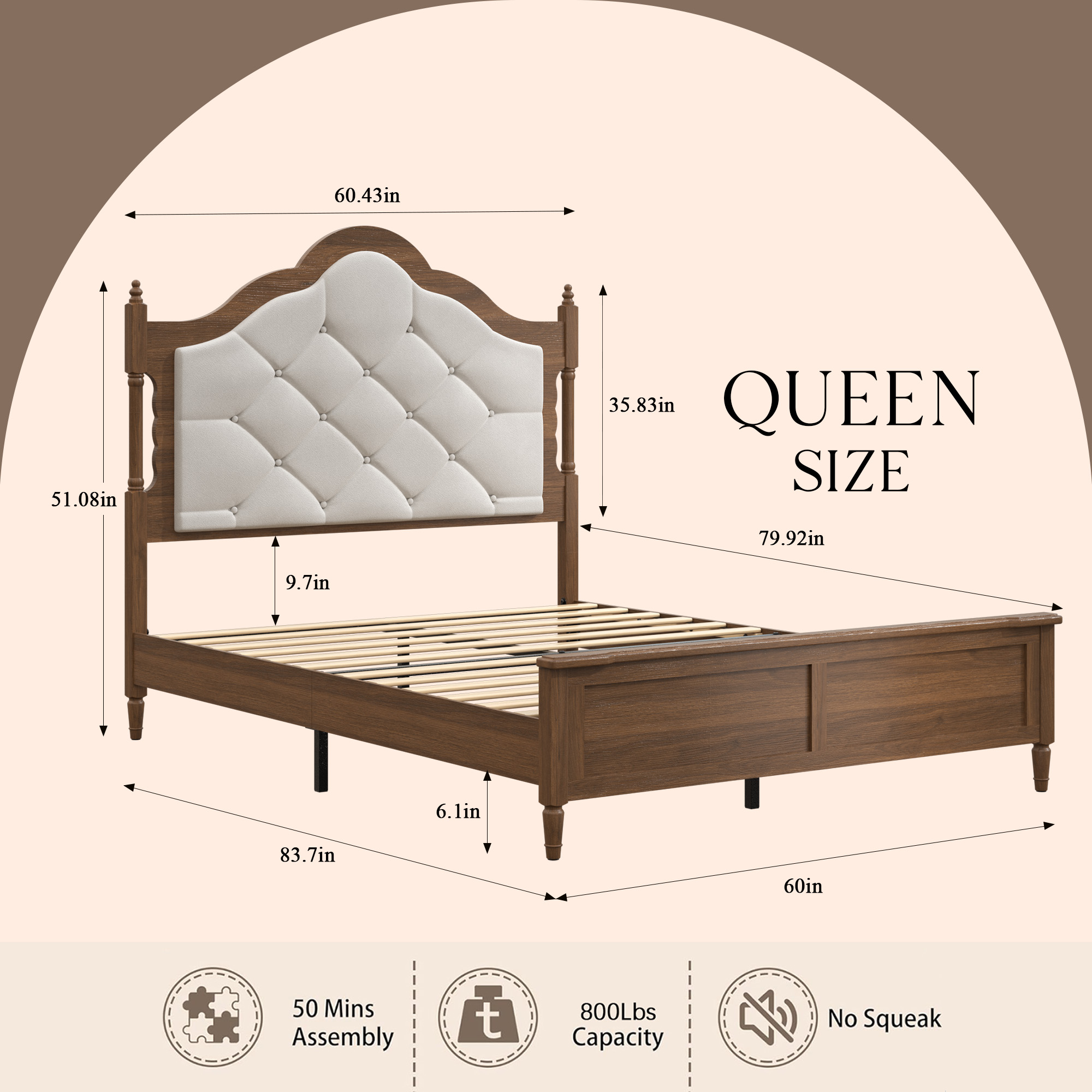 Queen Size Bed Frame With Upholstered Headboard
