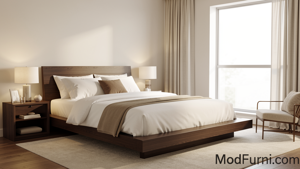 Modern platform bed frame in stylish bedroom with white bedding and natural lighting